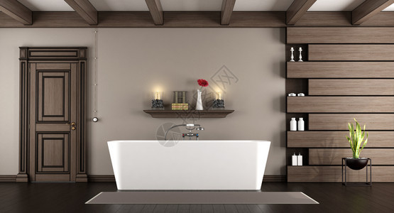 架子室内的一种现代浴缸在经典的室里现代缸有黑色木板闭门和屋顶梁3D图片