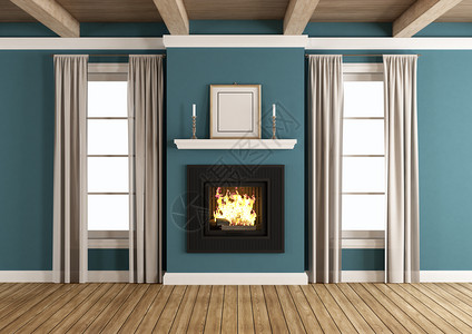 视窗活的一座蓝色经典房间的壁炉上面有窗户和木天花板3D层复古的图片