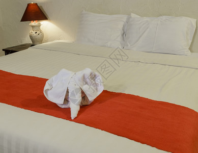 在泰国式旅馆卧室的白床上用大象形状的白毛巾色放松在室内图片