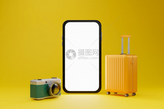 手提箱白色屏幕移动模型在黄色背景旅行概念3上带有照相机和行李的白色背景旅行包镜片图片