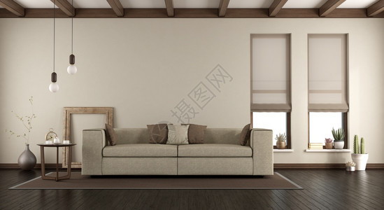 公寓优雅的客厅配有沙发两扇垂直窗户和天花板上的木梁3d渲染优雅的客厅配有地毯上的沙发桌子白色图片