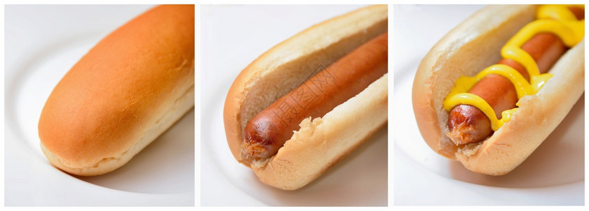 照片与热狗软面包和芥末热狗三张图片相拼贴抽象的美味白色图片