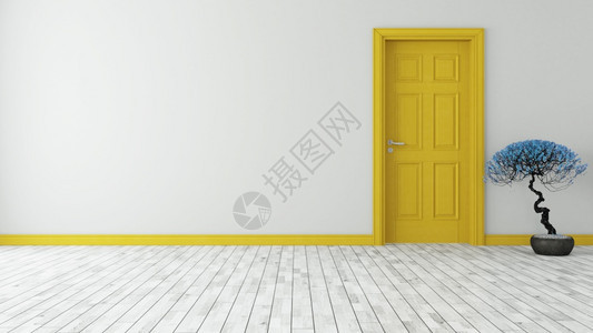 入口黄色的配有墙壁和3D三角圆形模型翻接的深黄色黑门钥匙图片