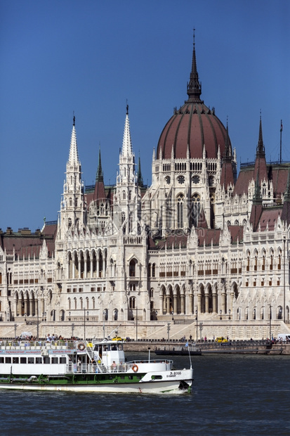 一艘游船驶过匈牙利布达佩斯的匈牙利议会大厦它是匈牙利国民议会的所在地它位于多瑙河畔的拉霍斯科苏特广场它是目前匈牙利最大的建筑仍然图片