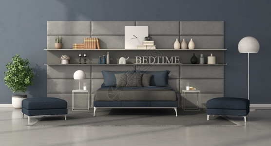 居住房间蓝色和灰现代卧室床铺在架着书的皮革面板前3D制成现代卧室双床铺在架着书的皮革面板前现代的图片
