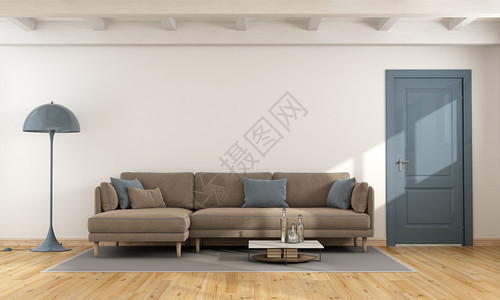 硬木白色的在一个最低限度休息室中的棕色沙发3D家图片