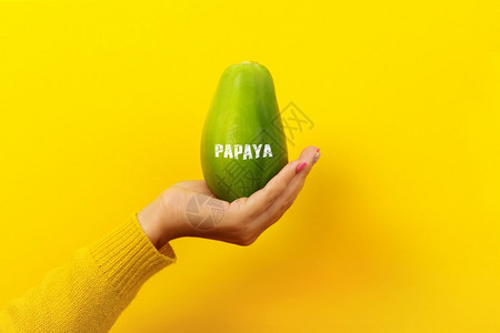 手持绿色木瓜黄背景健康食品概念物饮横幅图片