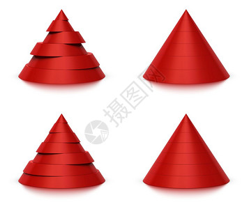 3d圆锥形切片红色金字塔6六或7层白色背景和反射圆锥形切片6或层抽象的图表结构体图片