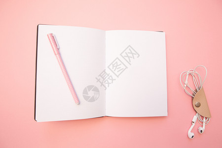 写博客主在柔和的千禧粉纸背景上用笔打开空日记概念教育博客顶视图平躺女博客的最小风格模板生活方式复制空间的图片