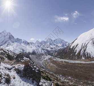 蓝天白云下的雪山峡谷风光图片