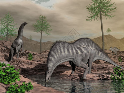 自然史前日落在沙漠里喝水的恐龙阿玛古日落前会和阿劳卡里亚树一起在沙漠里喝3D化成阿马尔加龙恐群爬虫图片