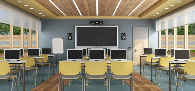 现代的配备笔记本电脑平板屏幕和发言者的多媒体教室3D制现代多媒体教室桌子木制的图片