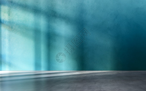 您的蓝色纹身墙灰水泥地板作为展示产品的地方灯光通过窗口3D插图而亮出抽象的灰色图片