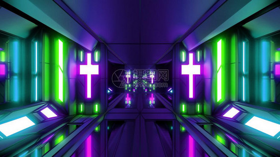 未来Scifi建筑室带有宗教的Christus标志3d设计干净的未来科学空间机库隧道走廊配有圣克里斯蒂安光十字和玻璃底3d挂图壁图片