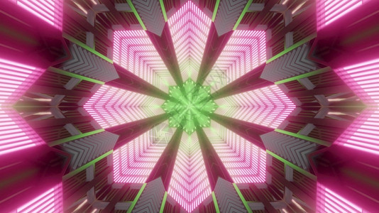3d说明以绿色和粉红荧光照亮的花形隧道抽象背景几何走廊图解小说通道氖图片