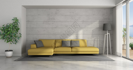 软垫与混凝土墙对着黄色沙发的最小化起居室3天以黄色沙发作为最淡化起居室当代的地毯图片