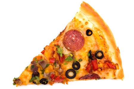 橄榄胡椒白线上分离的披萨片午餐图片