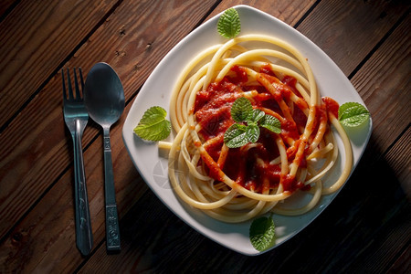 木板上美味的意大利面条番茄酱顶景意大利菜可口晚餐新鲜的图片