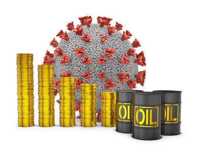 汽油商业全球的硬币和油桶堆放在3d型日冕细胞旁图片