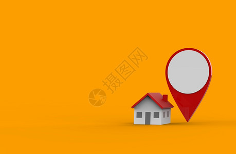 搜索方向位于橙色背景的3D位置图标和房屋导航图片