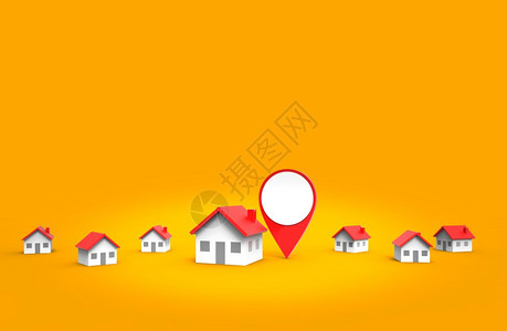 家庭卖方营销位于橙色背景的3D位置图标和房屋图片
