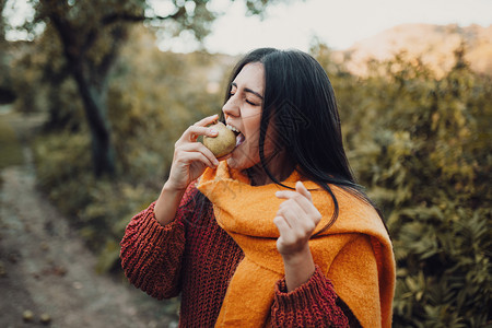 穿着毛衣在田里咬梨子的年轻女人水果树叶早午餐图片