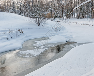 景观场在有雪和冰的河开放水域苍白图片