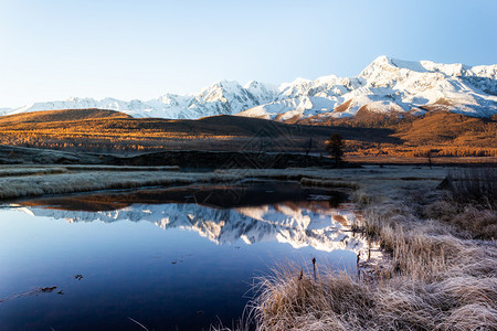 全景山丘秋天湖雪脊反射Altai之旅挪威场景图片