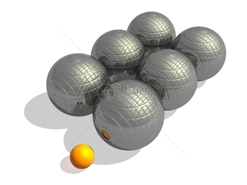 闲暇插图法语6个大金属平板球和1个小橙色插孔在白背景的Petanque游戏球图片