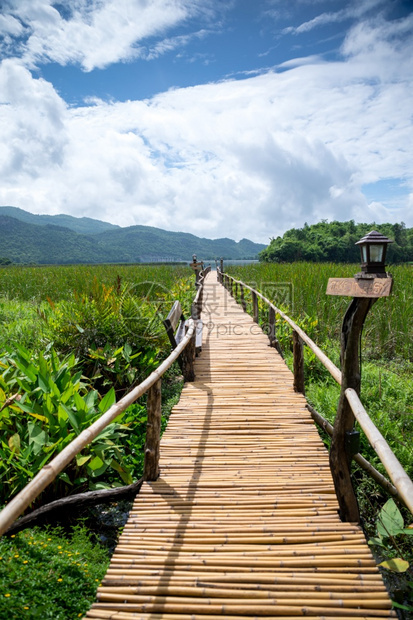 树泰国湖带山和蓝天空的木道图片