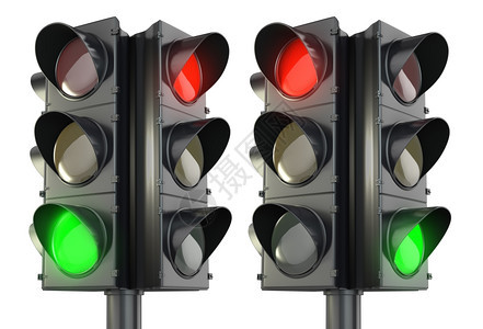 信号四面交通灯红色和绿变异白底隔离于世界黄色的图片