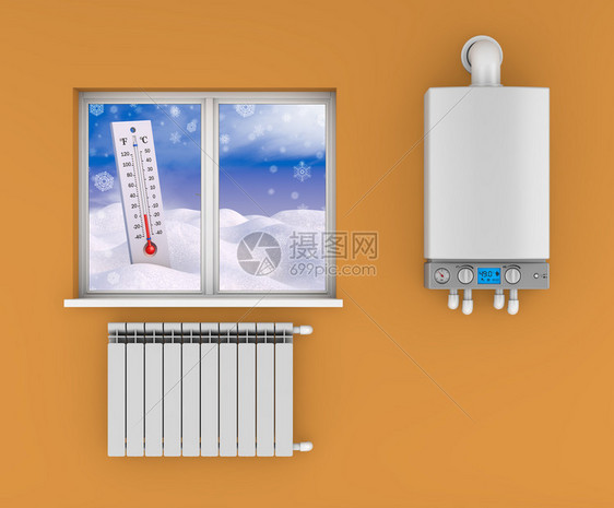 家庭展示气候窗户3d中装有散热器和温度计的燃气锅炉图片