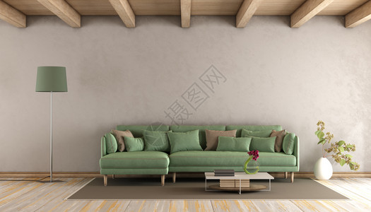 长椅内部的装饰风格客厅中的绿沙发3D图片