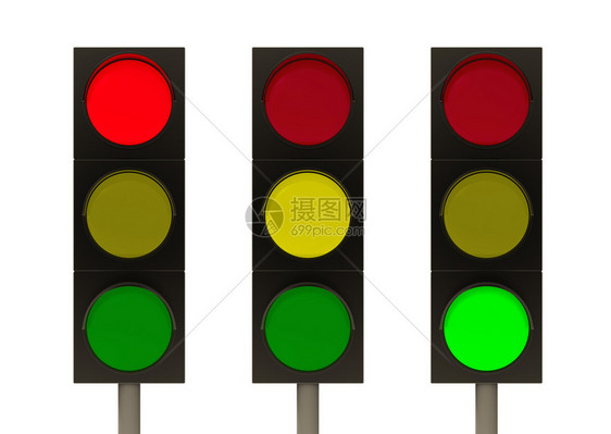 3d提供红色黄和绿交通灯信号并配有白色背景隔离的剪切路径街道城市的小路图片