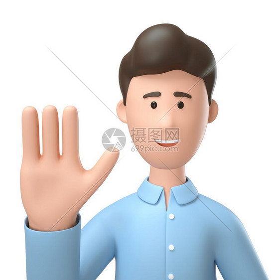 3D男举例显示手势停止的Cartoon在白色背景上与男相隔绝焦虑插图消极的图片