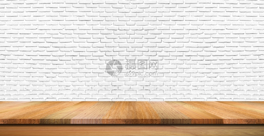 产品白砖墙背景上的空木制桌顶柜台或架子用于食品显示横幅背景木制的框架图片