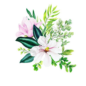 邀请Magnolia和叶子亮水彩色花束与fern手画插图美丽的花园图片