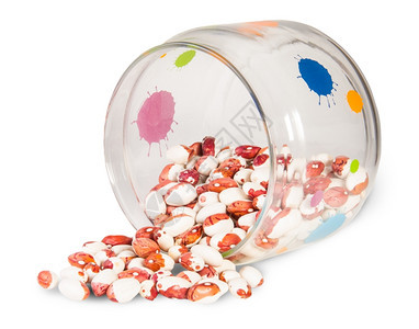 饮食在白色背景上孤立的玻璃罐豆子药物传统的图片
