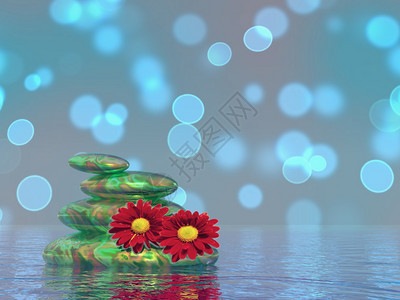 花朵和平的石块与两朵蓝色和紫布基背景的红花相平衡3D自然散景图片