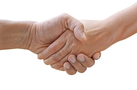 联盟人们商业男和女之间握手孤立在白背景上握手图片