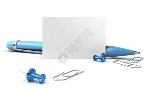 蓝笔空白名片缩略图和纸剪贴白3D为商务通信卡的纸牌身份商业广告图片