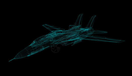 在黑色3D辐射器上分离的飞机电线模型使成为未来派全息图图片