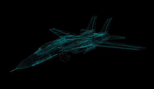 在黑色3D辐射器上分离的飞机电线模型使成为未来派全息图图片