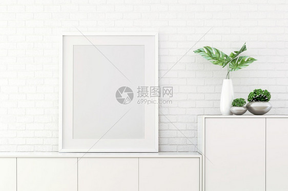 白色的住宅渲染3份模拟室内客厅设计图案白色墙上贴有图片框图片