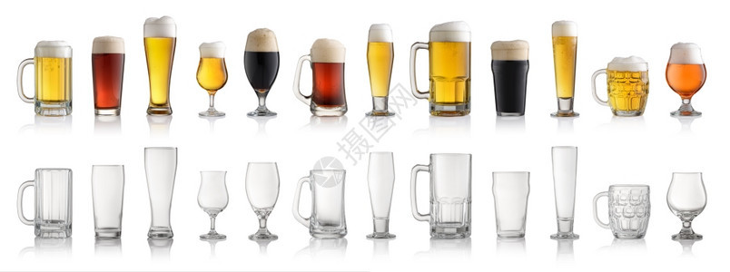 目的一套在白色背景上隔离的各种满空啤酒杯精图片