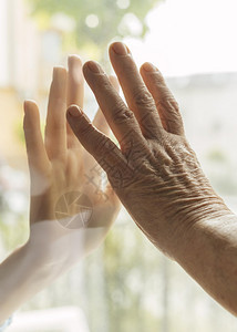 建筑物酸奶在大流行病期间老年妇女通过窗口与某人亲手触摸机器图片