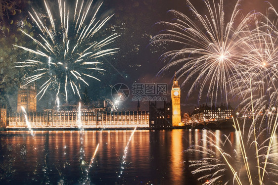 BigBen新年庆典的烟花英国伦敦庆祝展示活动图片