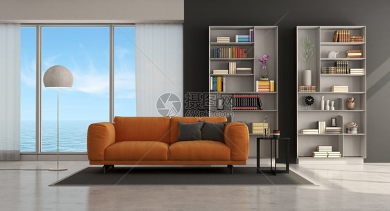 居住装有橙色沙发和背景书架的Modr客厅3D配有沙发和书架的Modr客厅人们视窗图片