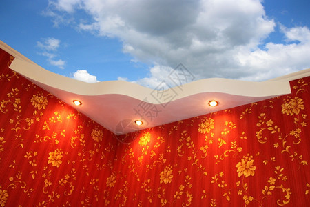 漂亮的顶蓬上面有电灯泡和云天的花板红色美丽起伏图片