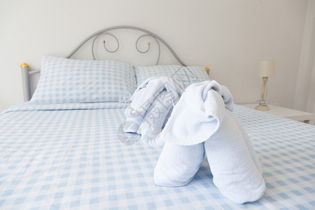 蓝色的松弛建筑学床边的一盏灯和张蓝毛巾床上用具图片